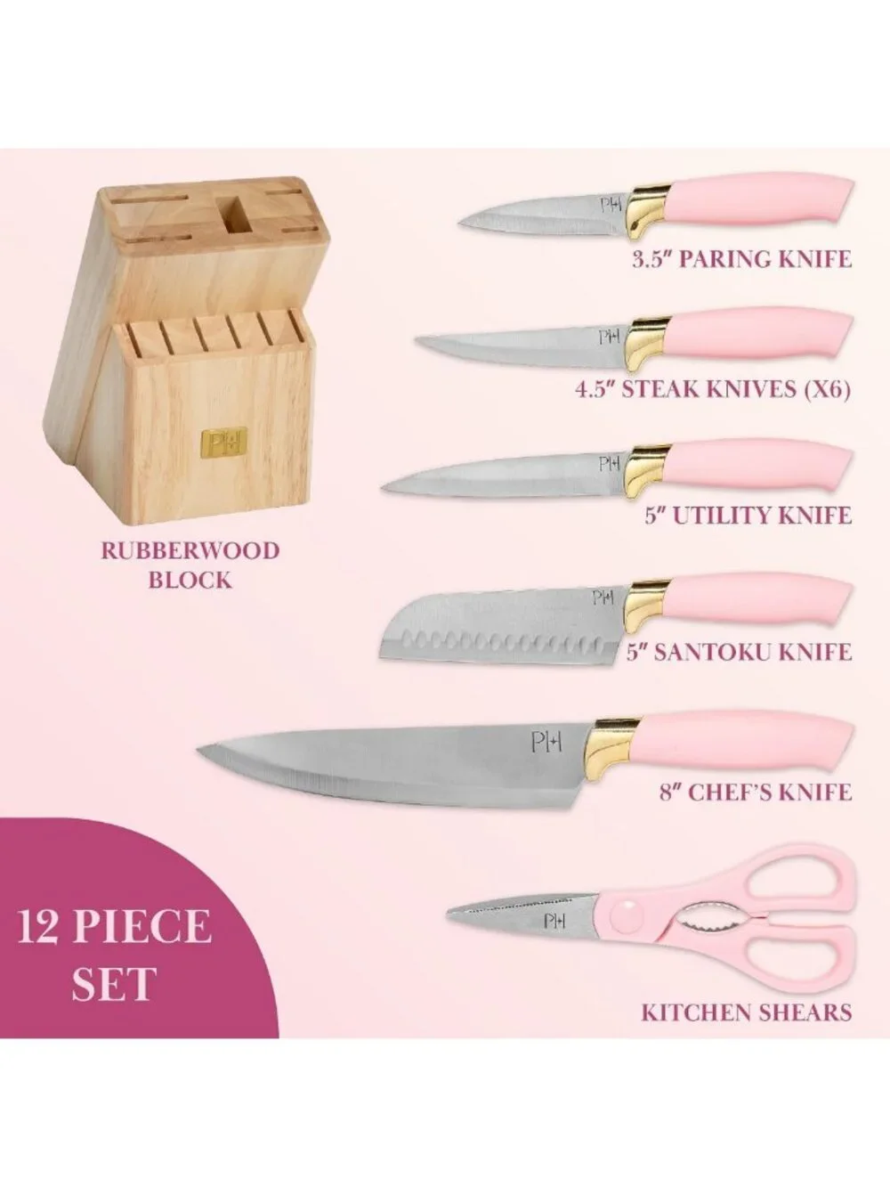 12-Piece Pink Kitchen Knife Set - High-Carbon Stainless Steel, Precision Blades